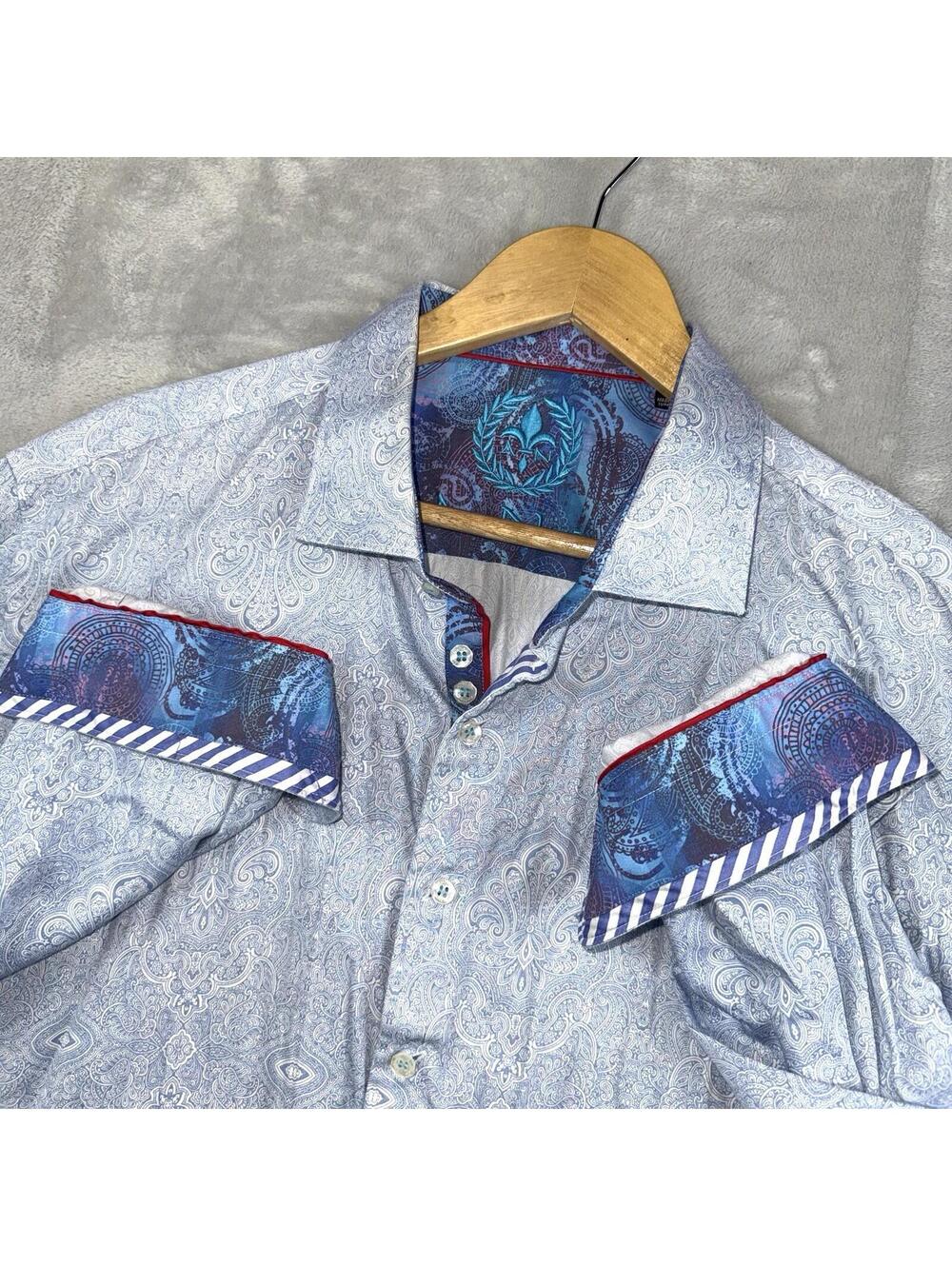 Au Noir Paisley Button Front Shirt Men's 6 Blue Luxury Casual Preppy Floral Art